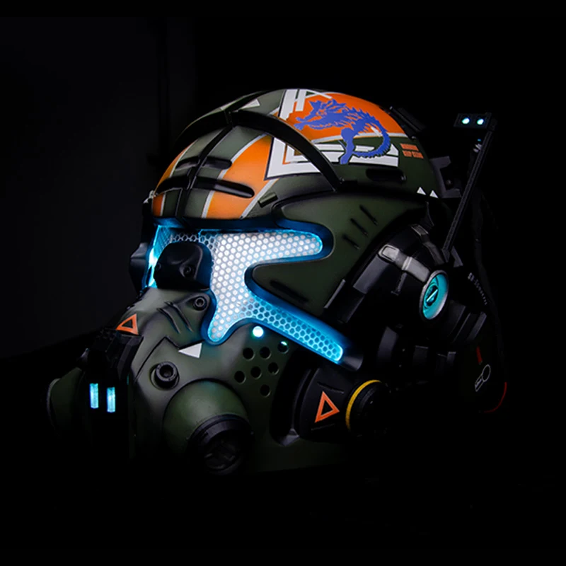 Titanfall 2 Jack Cooper pilot helmet photographed with illuminated visor